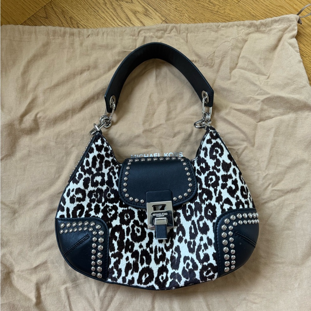 Michael Kors Collection Bancroft Leopard Calf Hair Studded Leather Shoulder Bag